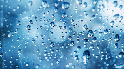 light blue background bokeh drops glass, blurred