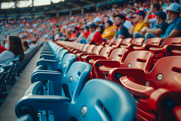 Fototapeta premium A stadium full of people sitting in blue and red chairs