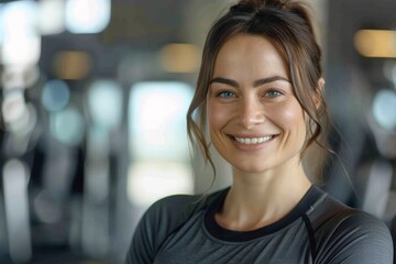 Fototapeta premium Portrait of a happy woman in her 30s showing off a lightweight base layer on dynamic fitness gym background