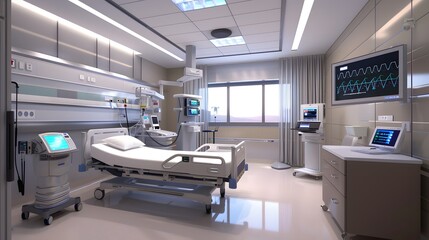 Realism of A vibrant vision of a hospital room with interactive patient care technology.. very detailed