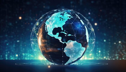 Fototapeta premium Dark blue vector background. Planet Earth. Abstract technological rings in the orbit of the planet. Global communication system and communication satellites. Religious image. The effect of movement.