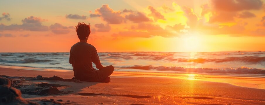 Peaceful traveler watching the sunset after a long journey, quiet beach, sense of completion