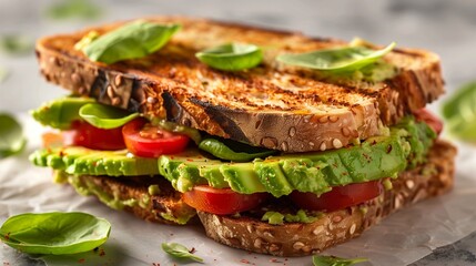 Delicious avocado and tomato sandwich on whole grain bread, garnished with fresh basil leaves.
