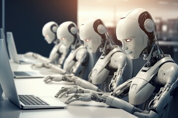 The robot sits at the table and looks at the laptop. Office Manager. artificial intelligence