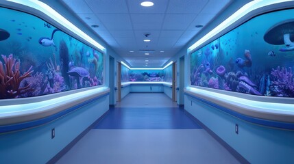 Obraz premium An advanced childrens hospital features mystical healing rooms where enchanted murals and holographic characters aid in the recovery process