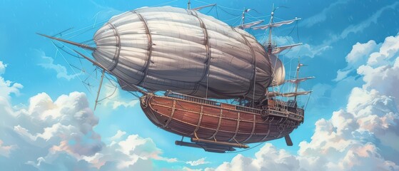Obraz premium An advanced city transport network features mystical airships resembling old sailing vessels