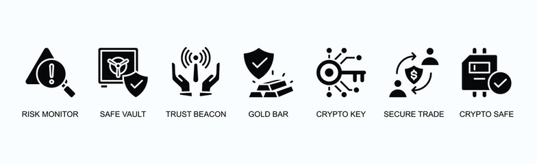 Security Asset Banner Web Icon Vector Illustration Concept With Risk Monitor, Safe Vault, Trust Beacon, Gold Bar, Crypto Key, Secure Trade, Crypto Safe