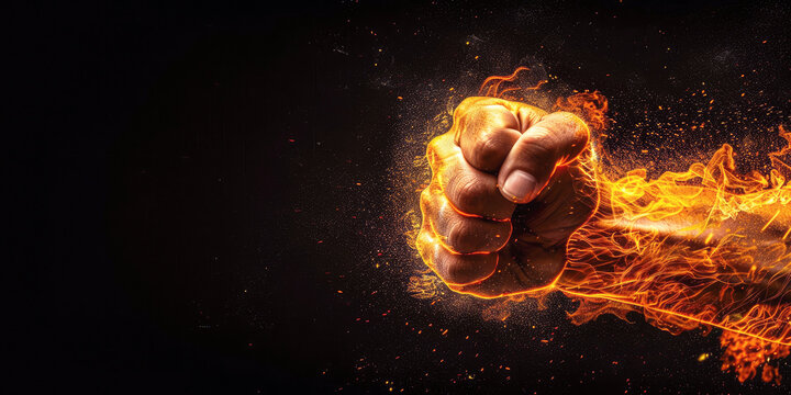 Power in man's hands, fist of fire in black background. Motion blur.