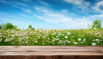 Empty table on summer blurred background. Mockup for presentation, product branding, cosmetics, food or decoration.