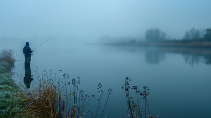 Man fishing at a serene lake, misty morning, calm water, wideangle lens, peaceful scene.,