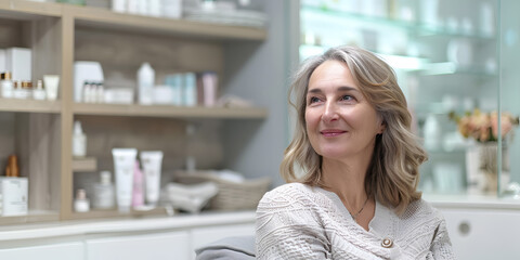 A smiling blonde woman at beauty clinic