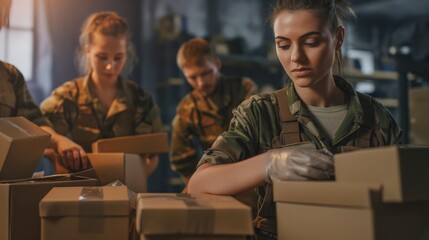 Fototapeta premium Military personnel pack supplies in a warehouse, showcasing teamwork and efficiency.