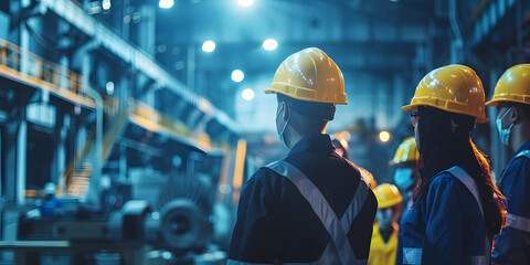Fototapeta premium Industrial workers in hardhats and uniforms work together on a construction site