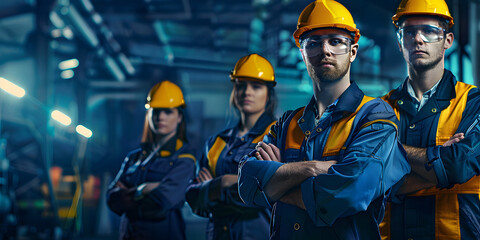 Factory and warehouse workers, including men and women in hardhats, contribute to the industrial sector