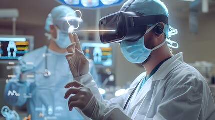 Realism of A doctor using a mixed reality headset to visualize complex surgical procedures.. very detailed