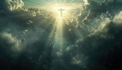 Heavenly rays illuminate Jesus Christ as he ascends to the sky.