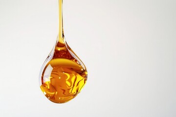glistening amber droplet suspended in midair refracting light and casting intricate shadows crisp white background emphasizes the liquids rich golden hue