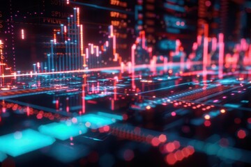 glowing neon stock market chart projected onto a sleek dark surface vibrant colors tracing complex data patterns conveying financial technology and future economics