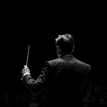 Conductor standing with his back to the camera, holding a baton in his hand. The background is black.