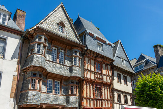 Old medieval half-timbered houses in Lannion, C&ocirc;tes-d'Armor, Brittany, France