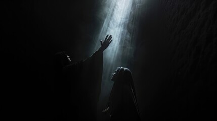A prayerful figure under divine light. Silhouette of a woman in the dark with a man rising his hand towards light. 