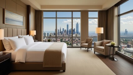 Fototapeta premium An inviting luxurious hotel room with large windows offering a breathtaking view of a city skyline, featuring elegant decor and comfortable furnishings.