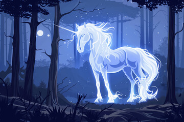 Illustration of an ethereal ghost horse standing in the forest at night.