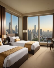 An inviting luxurious hotel room with large windows offering a breathtaking view of a city skyline, featuring elegant decor and comfortable furnishings.