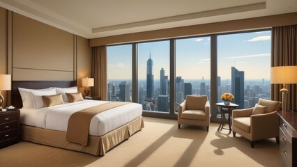 Fototapeta premium An inviting luxurious hotel room with large windows offering a breathtaking view of a city skyline, featuring elegant decor and comfortable furnishings.