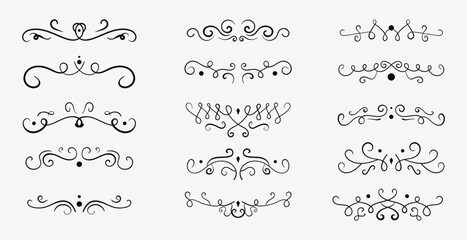 Calligraph dividers. Hand drawn text dividers set. Elegant vintage flourishes, text delimiters decoration. Hand drawn text borders