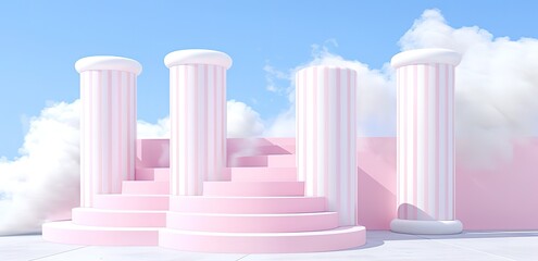 Obraz premium Illustration of a pink round staircase with four white pillars against a blue sky and white clouds