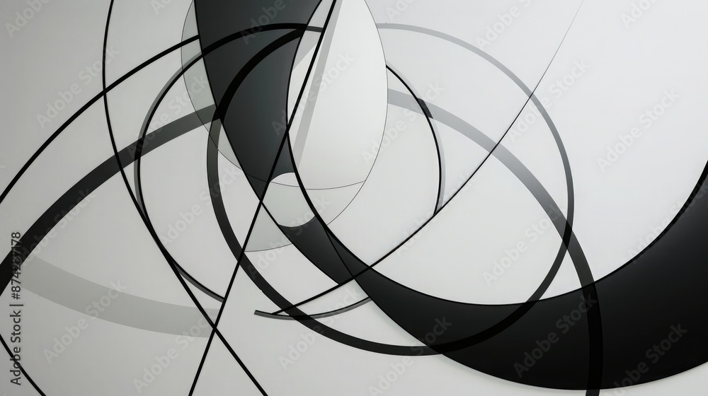 Wall mural a minimalist design of intersecting lines and circles in black and white, evoking a sense of harmony