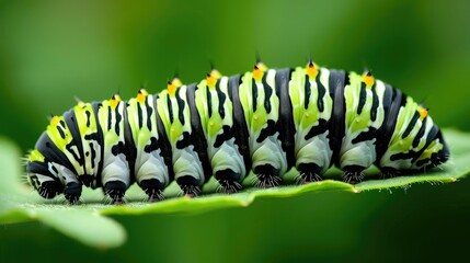 Fototapeta premium Macro shot of a monarch caterpillar's striped green and black body, showcasing its transformation into a butterfly.