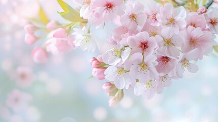 Fototapeta premium Delicate cherry blossoms blooming on tree branches, soft pastel colors, springtime nature scene