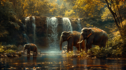 The elephants and their baby are in the forest near a waterfall in Thailand. Nice view. Generative AI Illustrations.