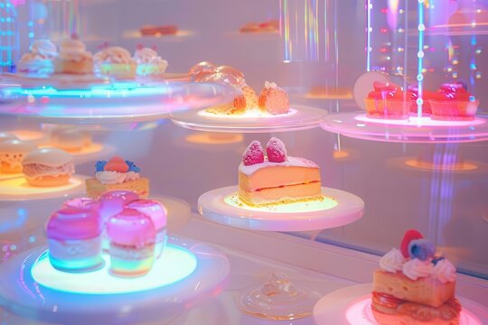 levitating pastry display antigravity sweets holographic flavor auras futuristic patisserie interior