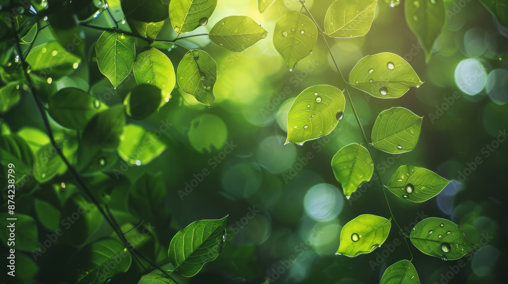 Wall mural fresh green leaves with sunlight bokeh and drops. nature background for design and print