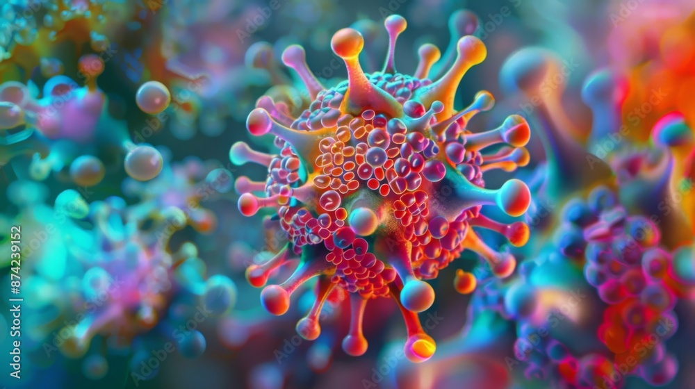 Poster A close-up view of a single coronavirus with its distinctive spikes, rendered in vibrant colors.