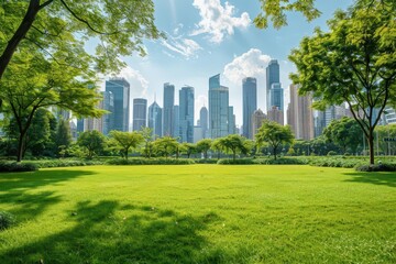 lush green urban park with manicured lawn stretching towards modern city skyline peaceful oasis amidst bustling metropolis perfect for relaxation and recreation