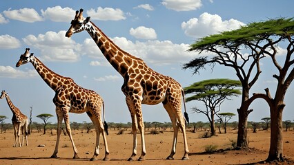 Obraz premium Three giraffes stand tall in the African savanna, with a clear blue sky and fluffy clouds above.