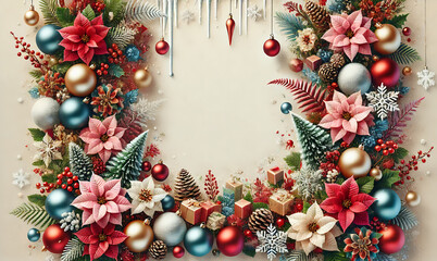 A festive flat lay arrangement featuring Christmas ornaments and decorations