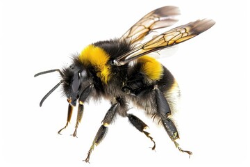 macro photograph of bumblebee in flight intricate wing detail pollencovered fuzzy body isolated on pure white background
