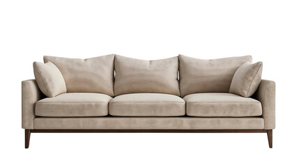 Fototapeta premium Beige sofa with cozy pillows. Modern living room interior concept, isolated on transparent background