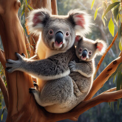Naklejka premium Mother koala with baby on her back, on a eucalyptus tree.