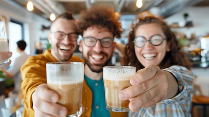 New employee celebrating with friends coffee break room after successful interview and hiring, joyful get job celebration