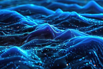 mesmerizing 3d cyberspace landscape with undulating waves of glowing blue data strings abstract digital terrain pulses with energy creating a futuristic information topography