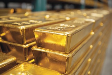 Close up of stacked gold bars in a vault. Shiny, valuable, and precious metal.
