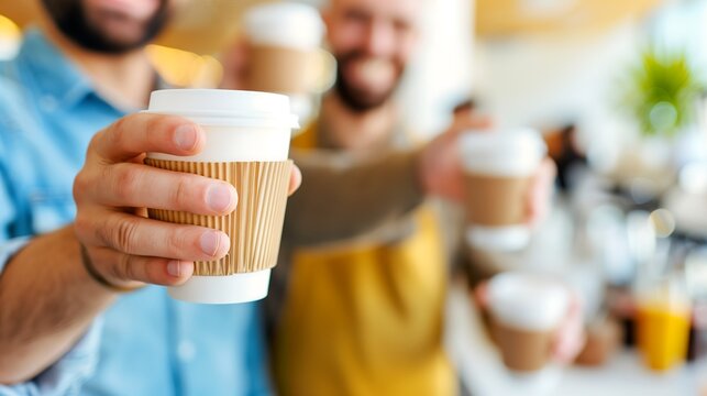 New employee celebrating with friends coffee break room after successful interview and hiring, joyful get job celebration