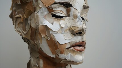 An abstract art, portrait of a woman's face created with layered paper in shades of beige and white, showcasing modern design and graphic style. The textured pattern of the head stands out against a 