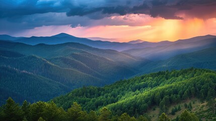 A peaceful mountain range with gently rolling hills and dense forests, under a dramatic sunset.